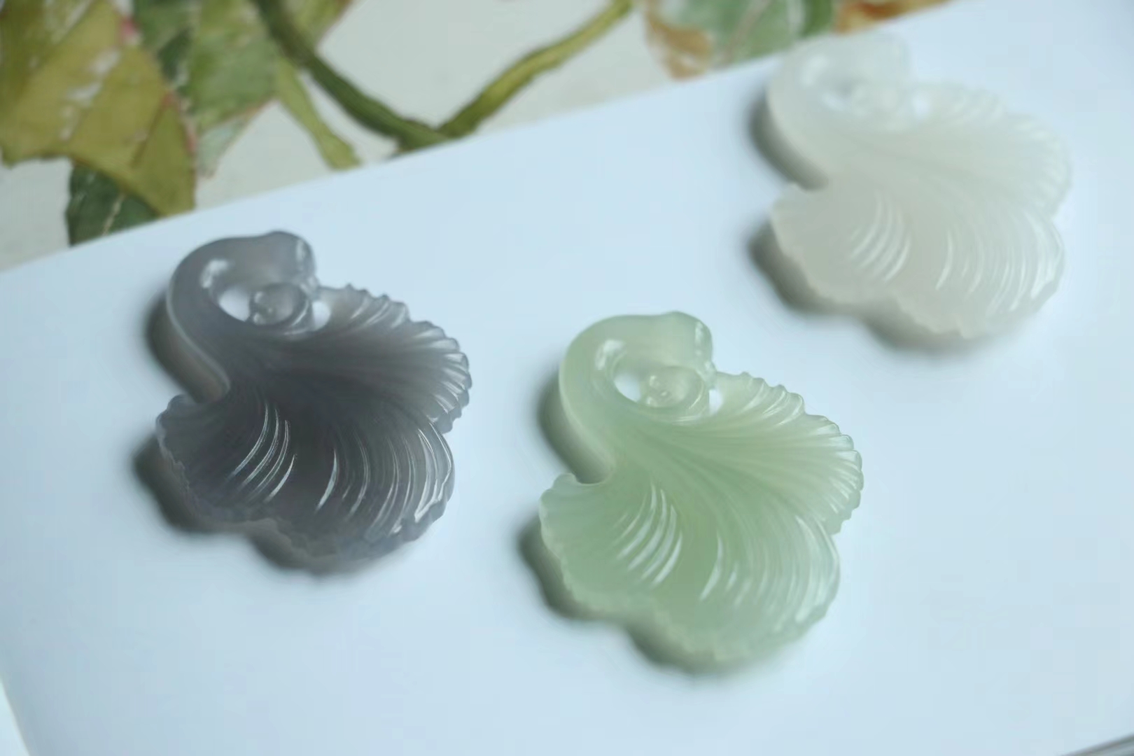 天然和田玉白玉烟紫高冰晴水绿银杏叶玉吊坠挂件挂坠文玩珠串