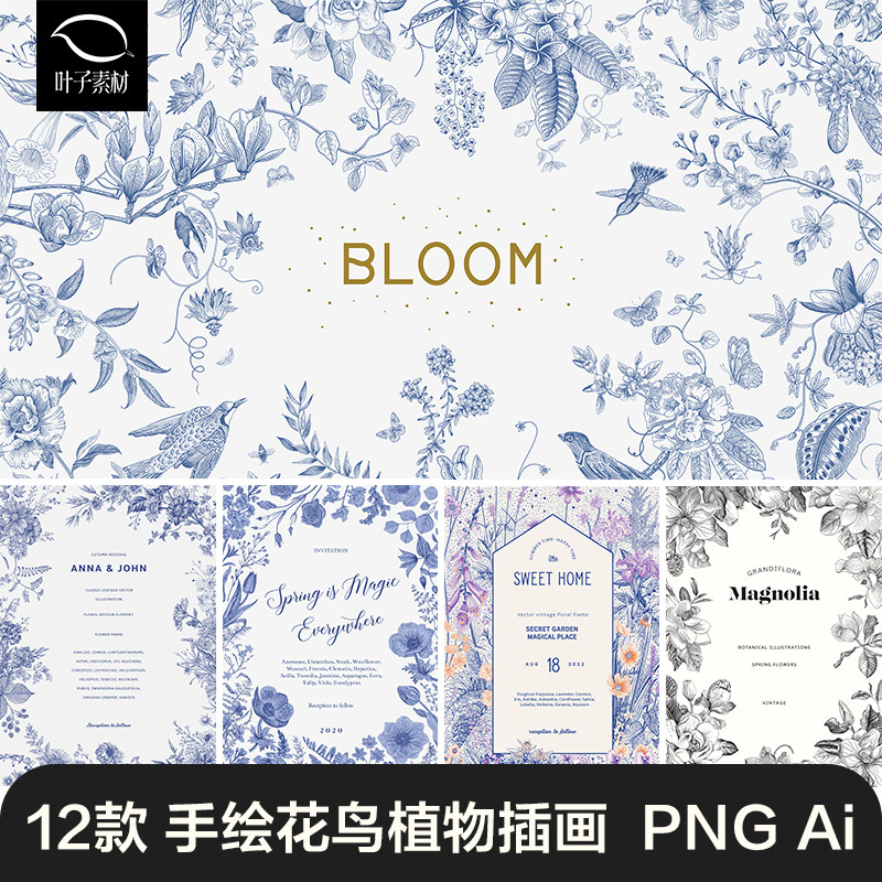 精美的蓝色手绘素描线描花草植物花鸟海报封面插图AI矢量设计素材