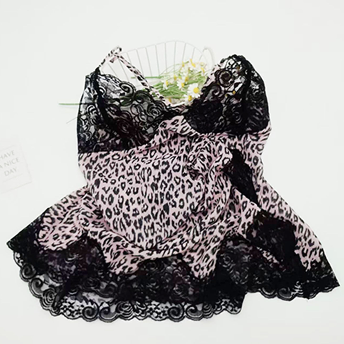 欧美性感蕾丝豹纹吊带睡衣法式修身纯欲风新款开叉独特绝美睡裙