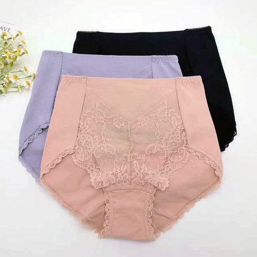 夏季中高腰蕾丝纯棉3条收腹内裤