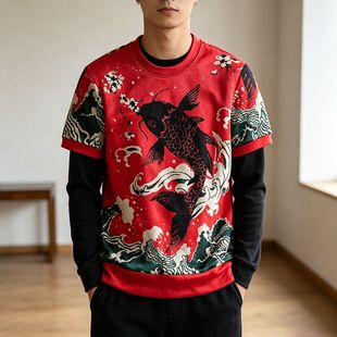 贝哆哈秋冬款男士短袖T恤印花锦鲤圆领套头衫加绒加厚一体绒上衣