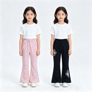 贝哆哈女童夏季冰丝休闲裤国风刺绣微喇长裤速干裤甜美女宝裤子