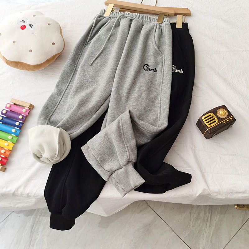 贝哆哈中大童加绒休闲裤儿童秋冬款束脚裤男童女童一体绒卫裤长裤