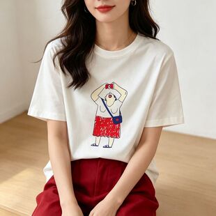 贝哆哈女士短袖T恤圆领套头衫夏季女式汗衫夏天半袖休闲印花上衣