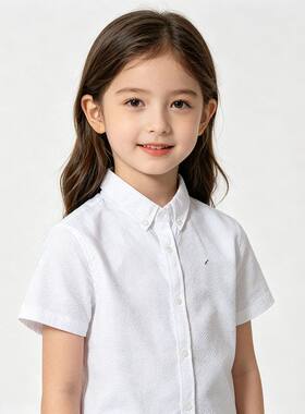 贝哆哈夏季短袖衬衫泡泡布男童女童中小童白色衬衣翻领休闲上衣