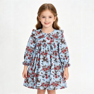 贝哆哈儿童连衣裙春秋款长袖碎花女童娃娃领可爱中小童女宝公主裙