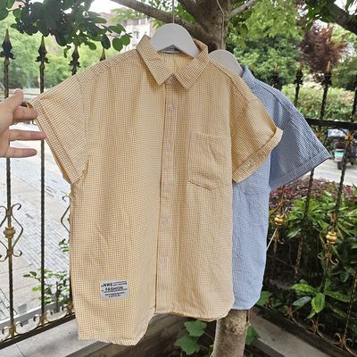 贝哆哈儿童格子衬衫短袖翻领衬衣中大童夏季男童女童开衫休闲上衣