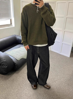 高货  亨利领羊毛混纺毛衣cleanfit纽扣手工缝线套头马海毛针织衫