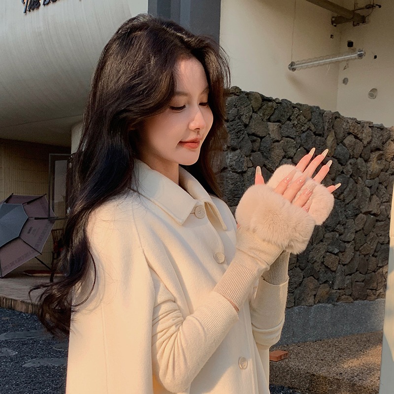 獭兔毛半指手套女韩版冬季保暖百搭毛绒针织护手腕露指触屏办公