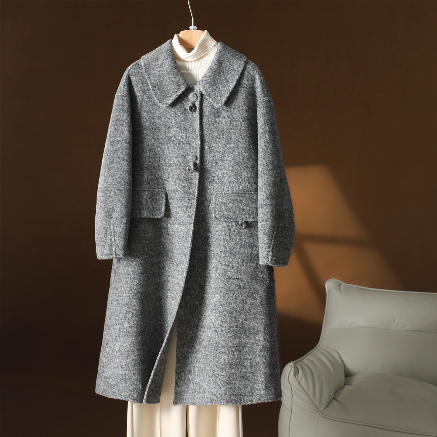 宽松韩版长款纯羊毛翻领毛呢外套
