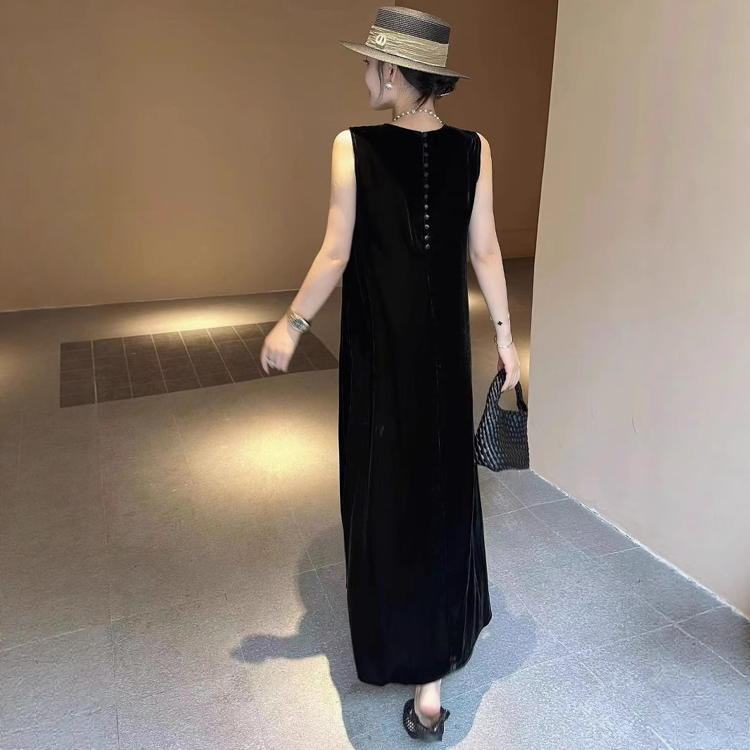 【背影杀】长款真丝丝绒连衣裙有口袋小纽扣装饰桑蚕丝无袖背心裙