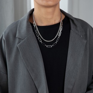 INS冷淡风双层拼接项链男女毛衣单链子钛钢手工抛光潮牌嘻哈饰品