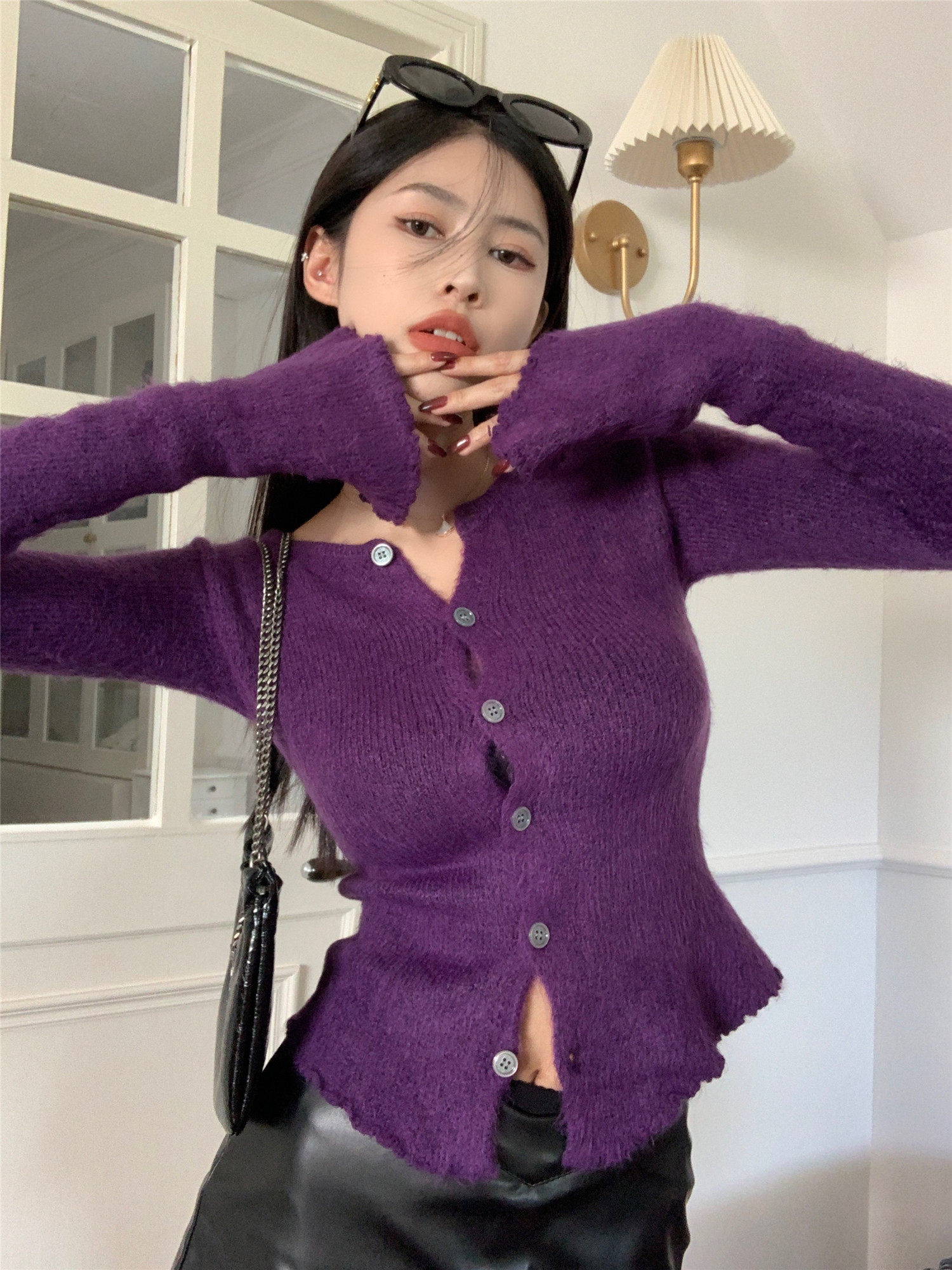 紫色收腰显瘦针织毛衣开衫百搭修身长袖上衣女