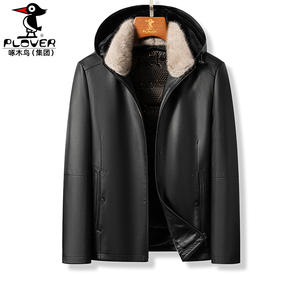 真皮羽绒服男皮衣黑色连帽水貂领外套白鸭绒内胆冬新款绵羊皮夹克