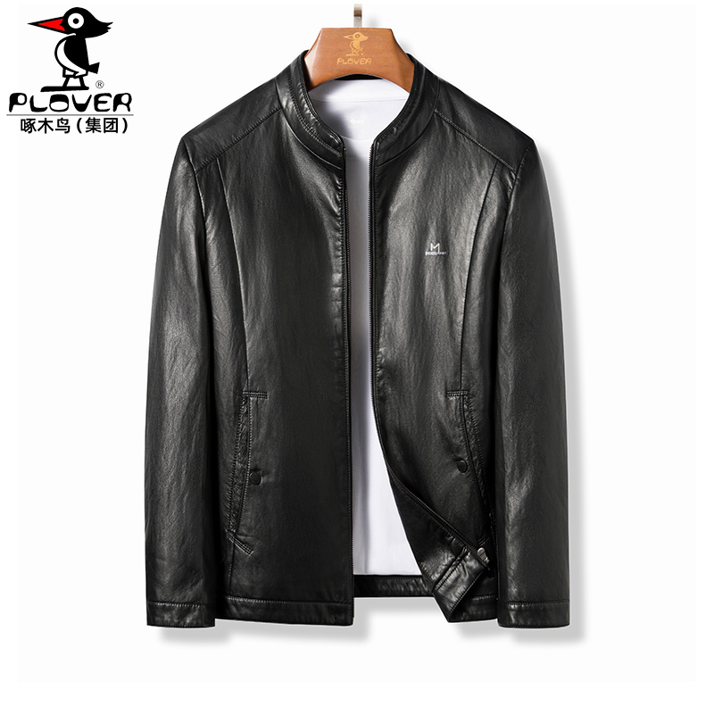 绵羊皮黑色休闲皮衣立领男夹克