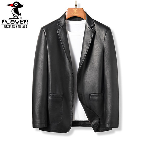 海宁真皮黑色修身皮衣外套西装领