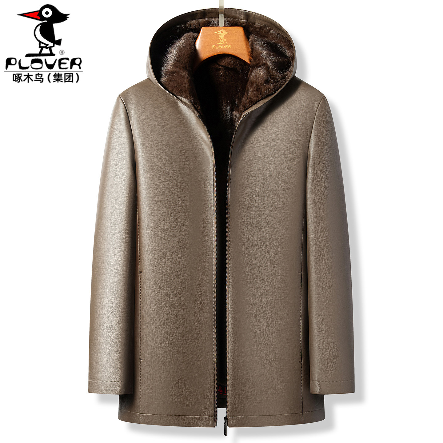 男士常规连帽金貂绒内胆牛皮衣冬