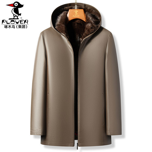 男士常规连帽金貂绒内胆牛皮衣冬
