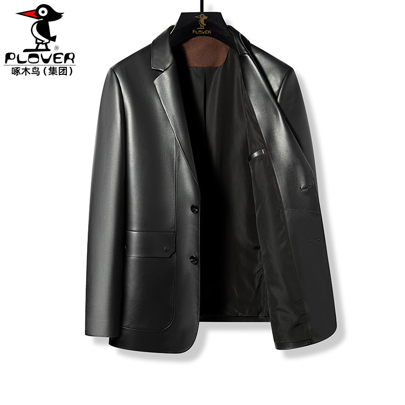 海宁头层皮黑色皮衣西服西装领