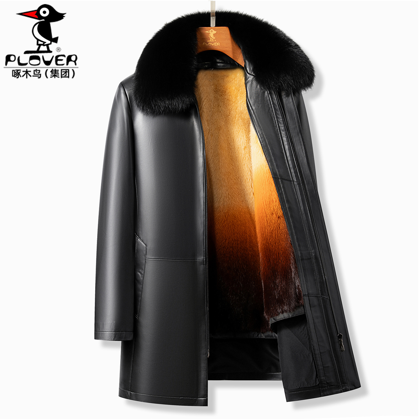 中长款毛领黄金貂内胆头层皮衣男