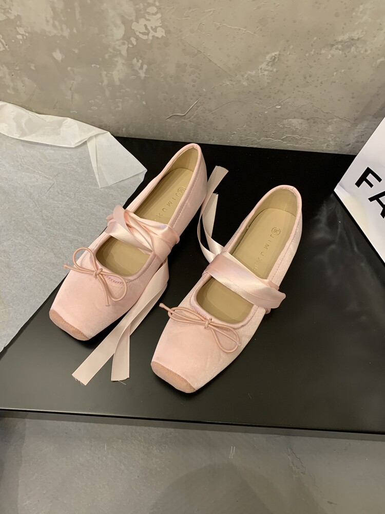FLAT EVENING SHOES PINK MARY JANE FAIRY SHOES 2023 NEW SPRING SQUARE TOE SATIN BALLET SHOES