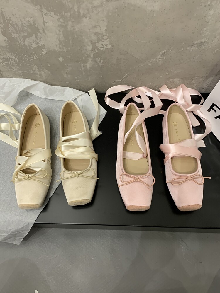 FLAT EVENING SHOES PINK MARY JANE FAIRY SHOES 2023 NEW SPRING SQUARE TOE SATIN BALLET SHOES