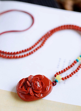 碧雅九口川料满色满肉南红玛瑙项链毛衣链雕刻花形长款22.93g证书