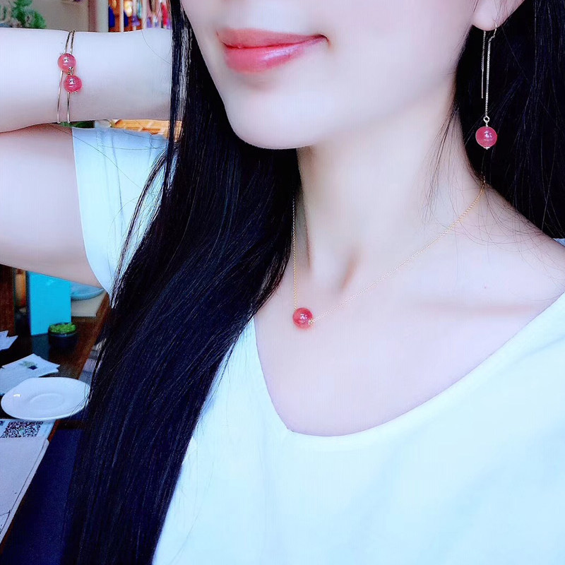 碧雅珠宝精致系列-天然水润娇嫩红纹石14K包金锁骨链红纹石耳线