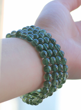 碧雅 绿发晶手链正品7mm猫眼顺发水晶多圈手串49.38g男款女款