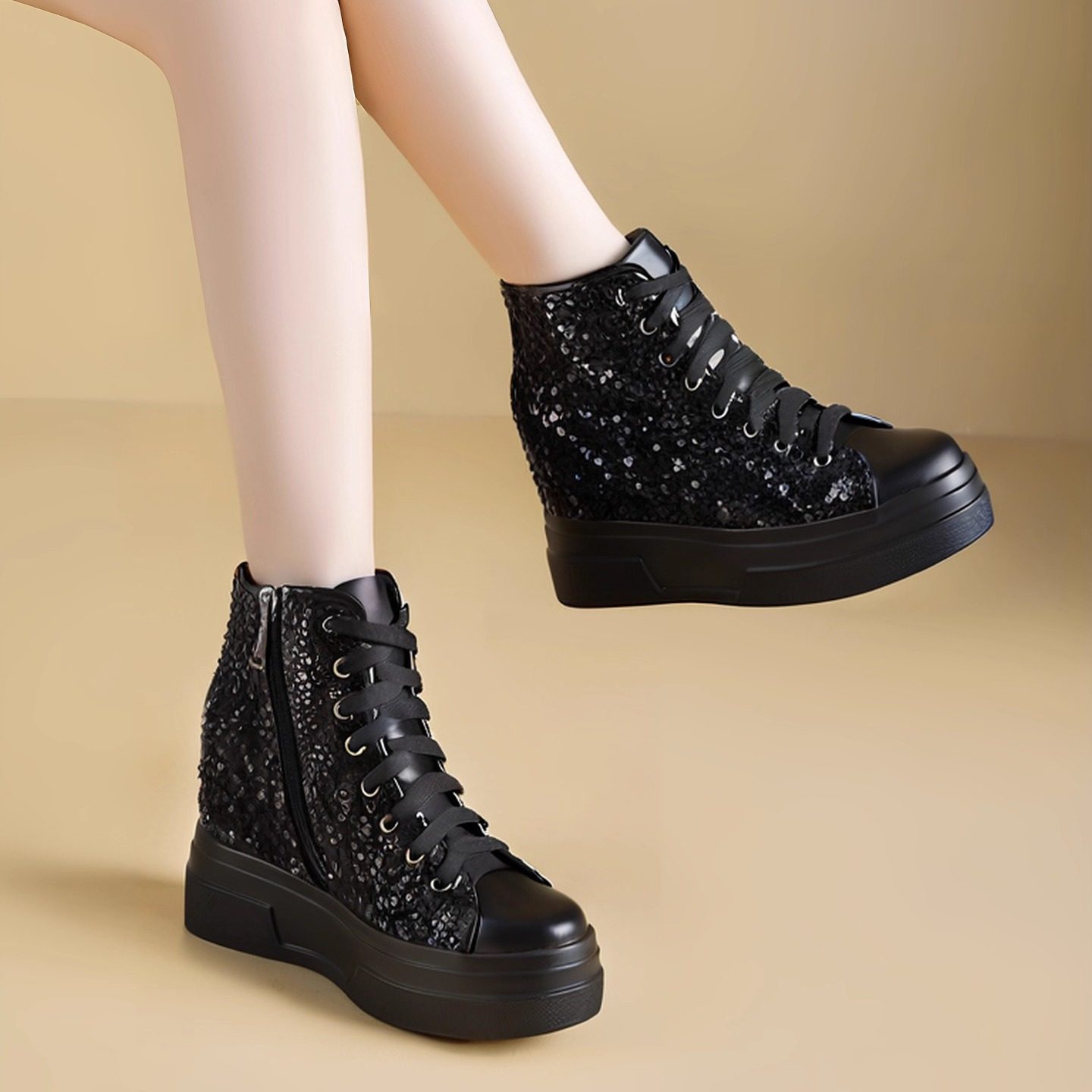 断码高帮鞋女内增高女鞋10cm真皮亮片厚底运动休闲鞋防滑坡跟短靴