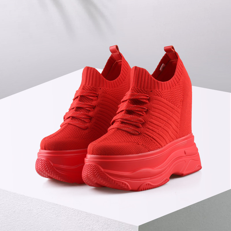 内增高老爹鞋女14公分红色婚鞋坡跟旅游结婚神器松糕鞋厚底运动鞋