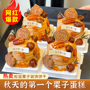 网红蛋糕装饰栗子饼干松鼠板栗摆件秋天第一个小蛋糕甜品烘焙插件