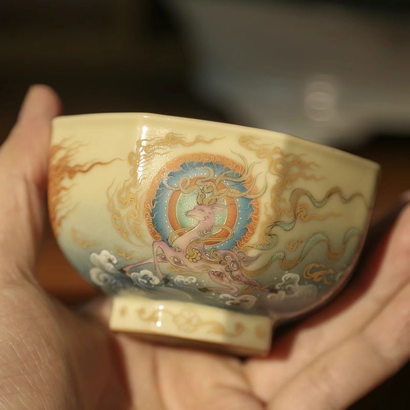 谢小金限量五彩手绘九色鹿杯柴窑功夫茶具主人杯茶杯收藏敦煌系列