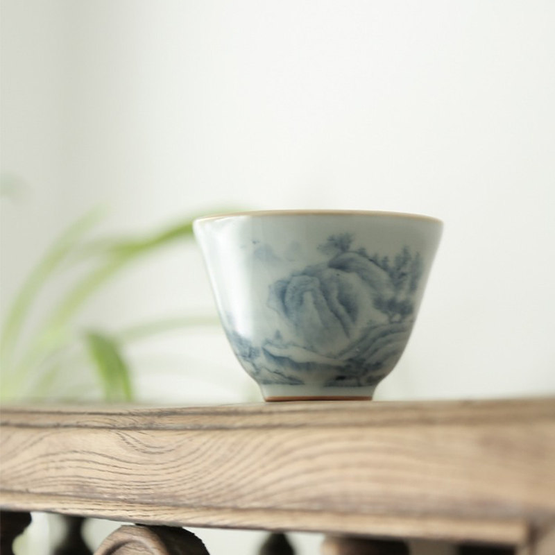 景德镇手绘青花汝窑分寸悟道小品杯汝窑茶具茶杯陶瓷功夫茶具小号
