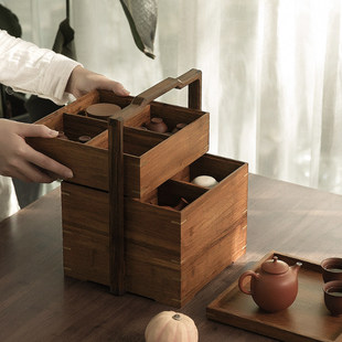 一条高档中式手提盒茶点水果零食盒多层户外便携式茶具收纳盒