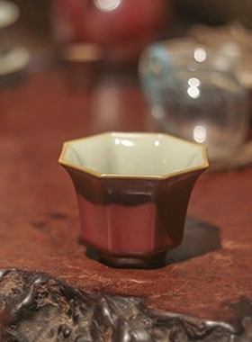 谢小金景德镇全手工豇豆红大八方杯原矿釉茶杯陶瓷功夫茶杯收藏级