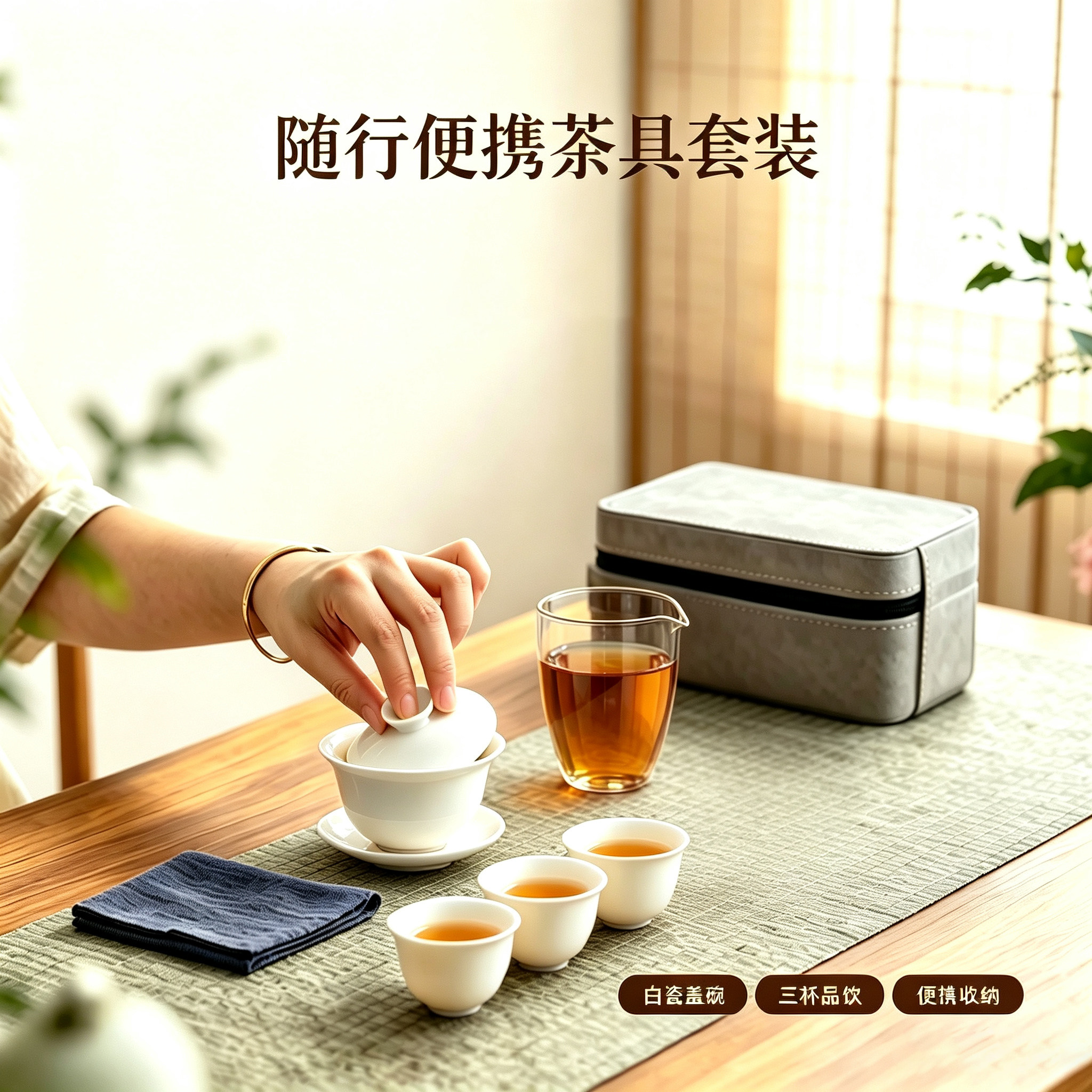 白瓷便携户外套装一盖碗三杯