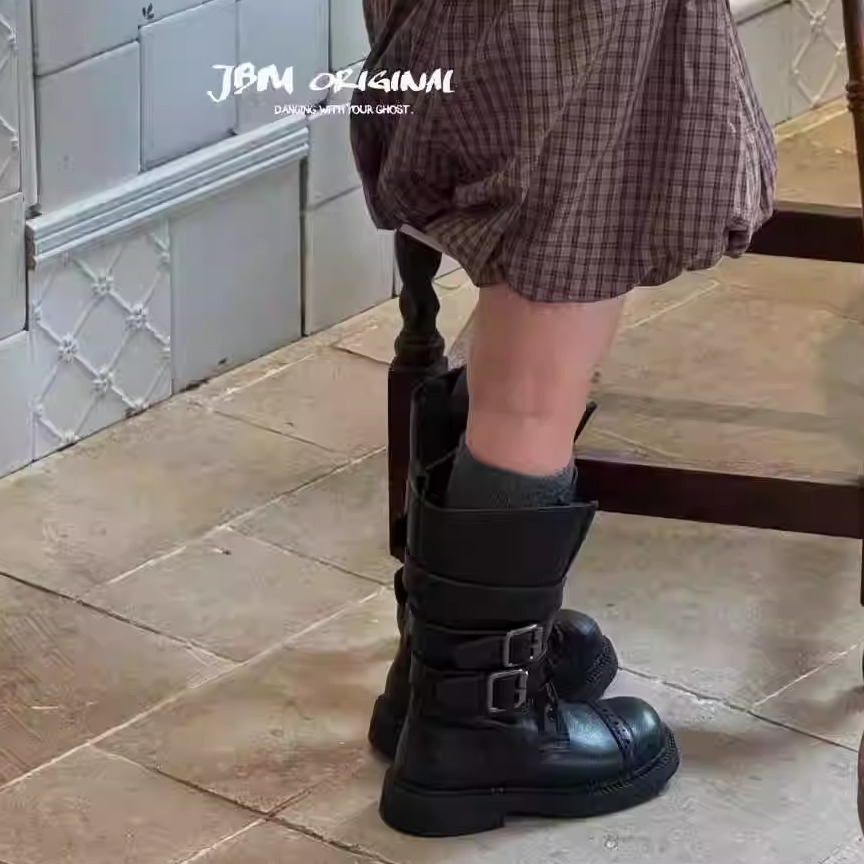 JBM 女童黑色英伦风马丁靴鞋儿童亲子潮秋季新款女童中筒靴皮靴