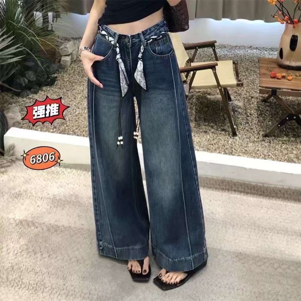 王豪欧货牛仔裤2025女秋新款植绒阔腿裤高腰深蓝色宽松显瘦直筒裤