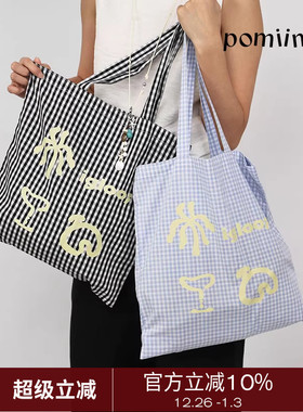 Pomiimo 特别印花系列海边度假可爱图案格子帆布包单肩包