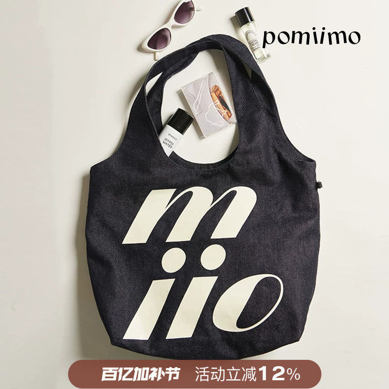 Pomiimo 两面图案不掉色牛仔大容量通勤上学百搭轻便单肩女托特包