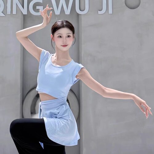 现代舞身韵短袖芭蕾拉丁绑带假两件上衣中国古典舞蹈形体练功服女