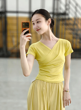 V领短袖练功服现代舞集训服古典舞身韵考级服修身螺纹棉瑜伽服