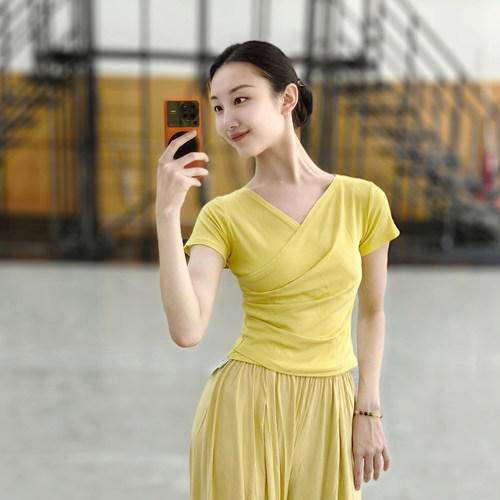V领短袖练功服现代舞集训服古典舞身韵考级服修身螺纹棉瑜伽服