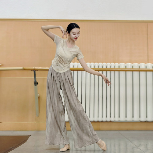 现代舞宽松阔腿裤古典舞飘逸裤子印花练功裤垂感风舞蹈裤夏季