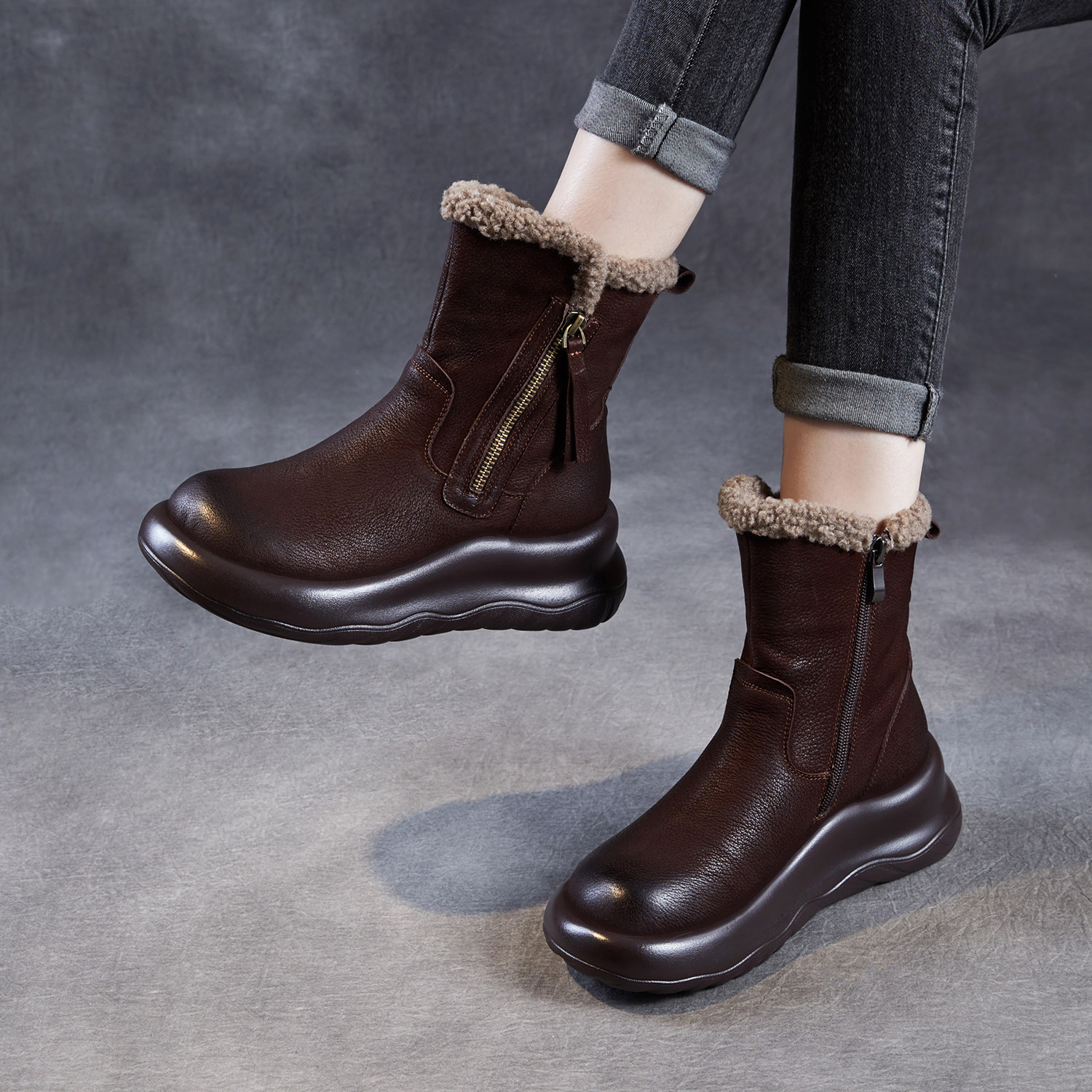 厚底雪地靴女2025新款冬季加绒加厚保暖棉靴真皮复古短靴东北棉鞋,女鞋,时尚雪地靴,淘宝优惠券,粉丝福利购,淘宝优惠卷