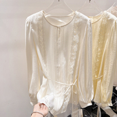 上衣女春季 2026新款 衬衫 气质显瘦圆领花边拼接送腰带套头长袖 法式