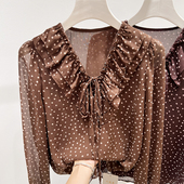 雪纺衫 气质复古V领荷叶边拼接系带波点套头长袖 女秋 法式 2025新款