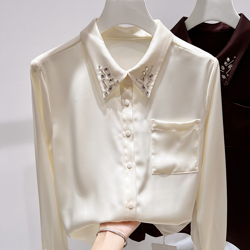 2025新款法式气质显瘦翻领镶钻口袋单排扣纯色长袖雪纺衬衫女秋季