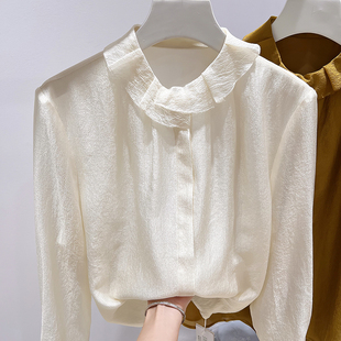2026新款法式气质显瘦娃娃领纯色单排扣长袖衬衣女春薄款上衣